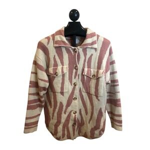 Lush Redwood Oatmeal Zebra Print Knit Button Down Shacket Cardigan‎ LT17539-FCI